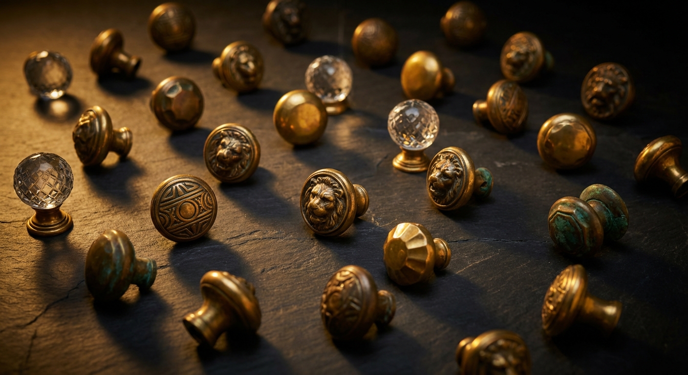 An artistic arrangement of brass doorknobs on a dark surface, dramatically lit